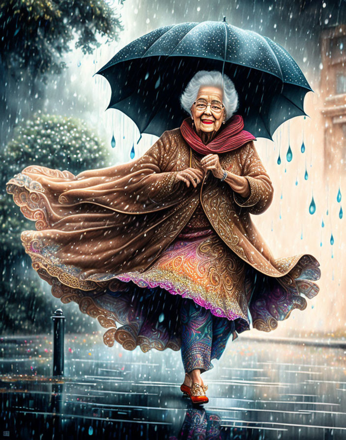 Granny dances in the rain