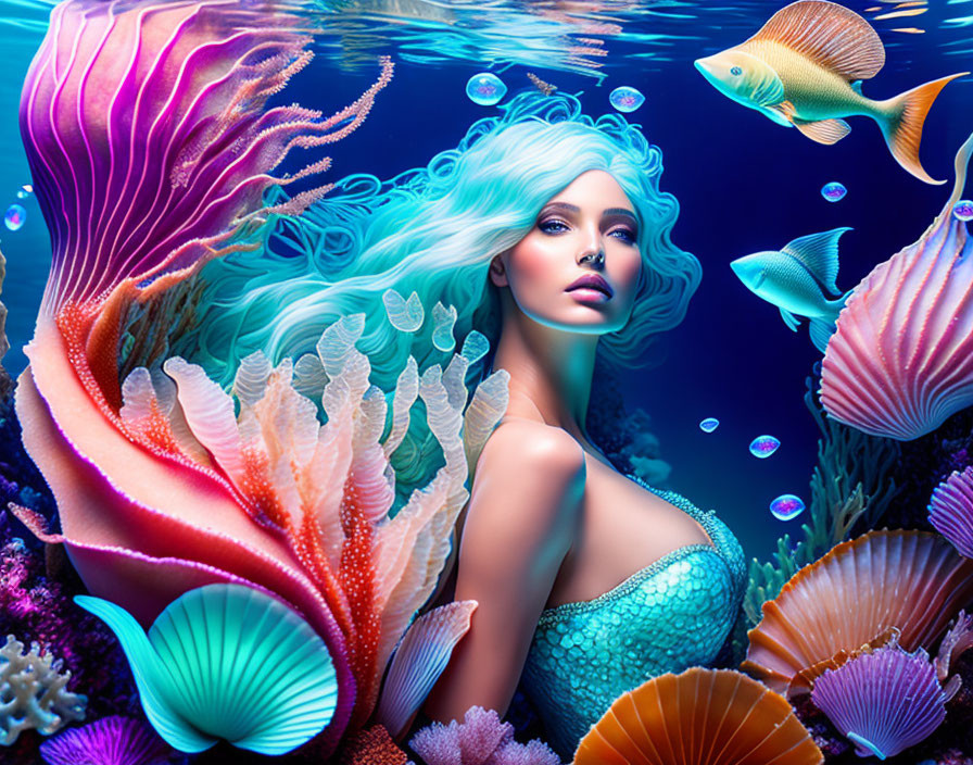 Colorful Mermaid Illustration with Turquoise Hair and Underwater Scene