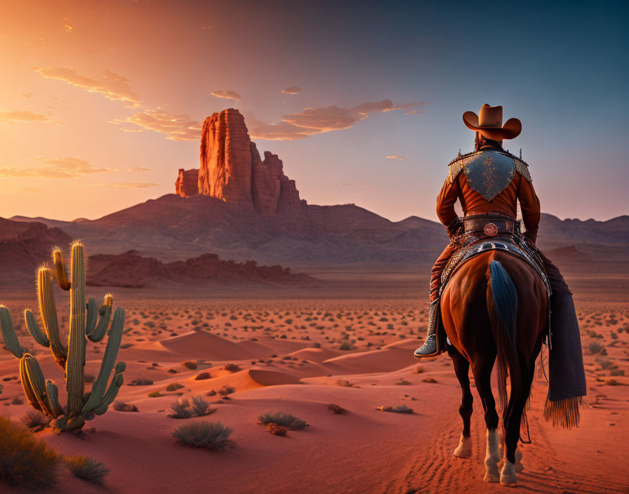 Cowboy on horseback near desert rock formation at sunset