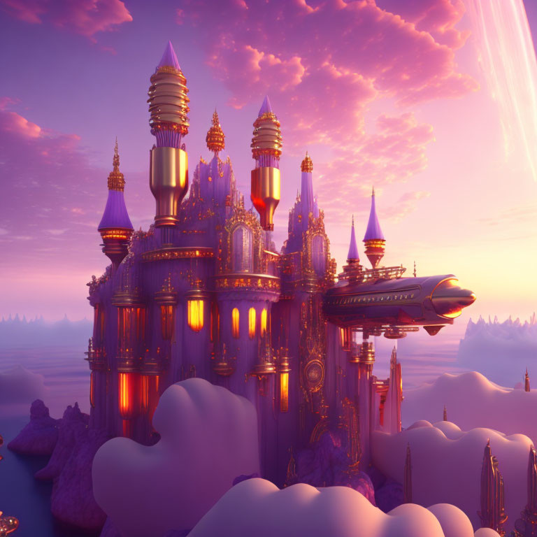 Golden castle on fluffy clouds at sunset sky with pink and purple hues