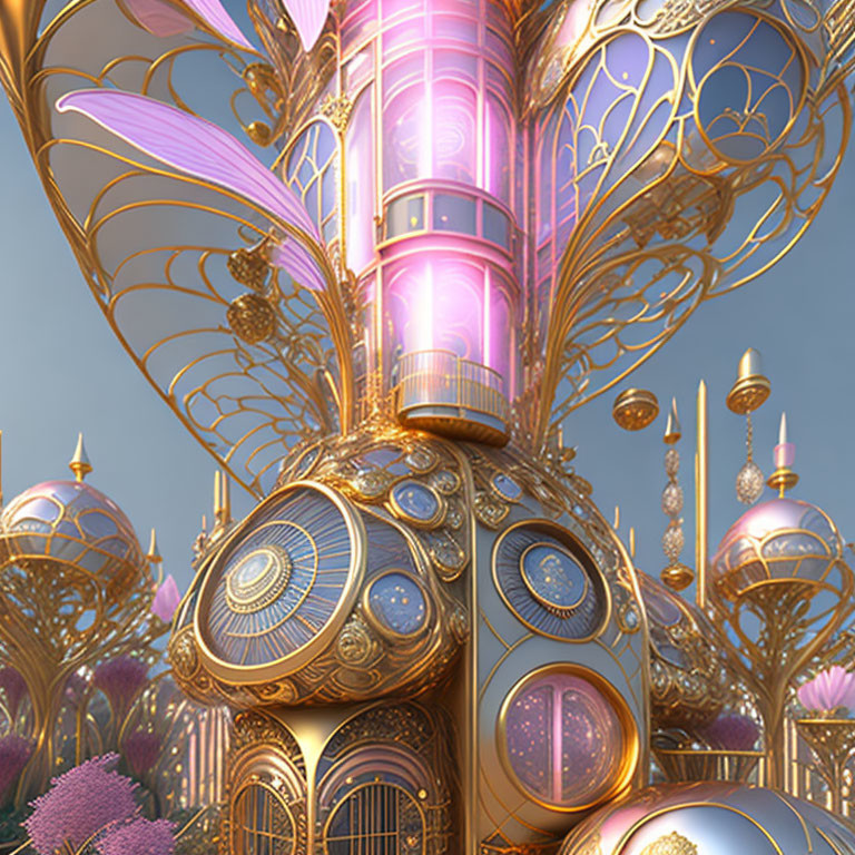 Fantastical digital art: Golden structure with pink elements, intricate designs, and floating elements