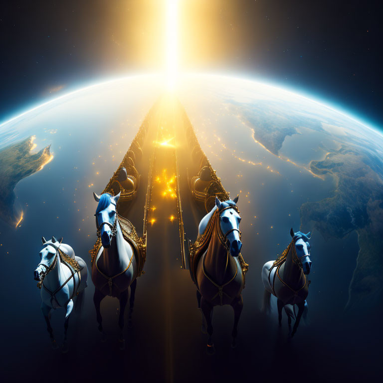 Three horses with decorative harnesses galloping on a path above Earth at sunrise.