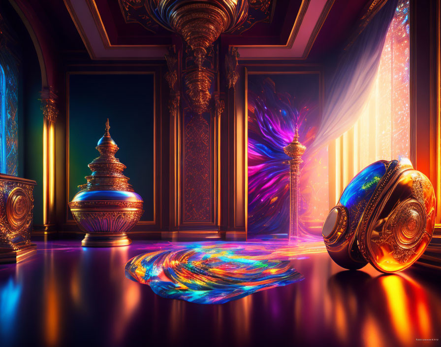 Futuristic corridor with ornate walls and glowing colors