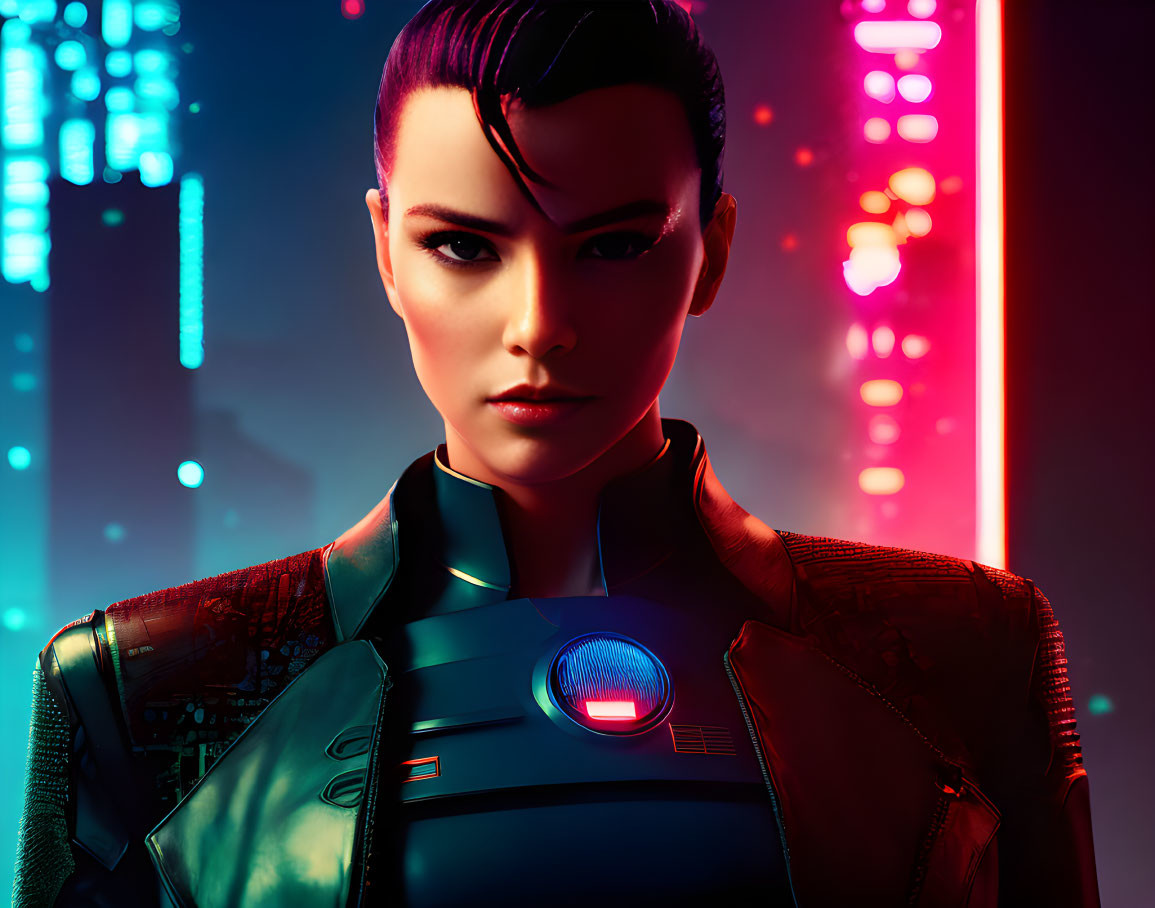Futuristic female character in digital art with neon city lights
