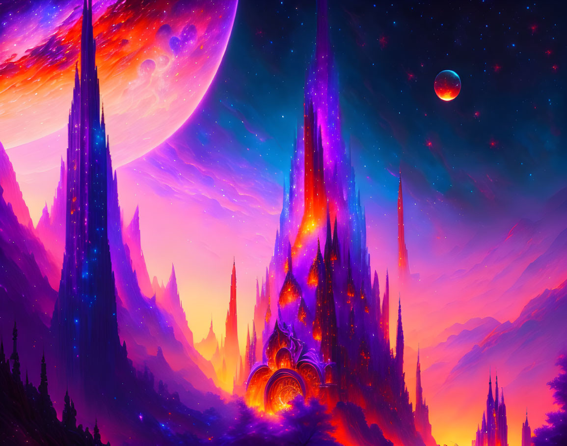 Futuristic sci-fi landscape with grand castle and celestial bodies