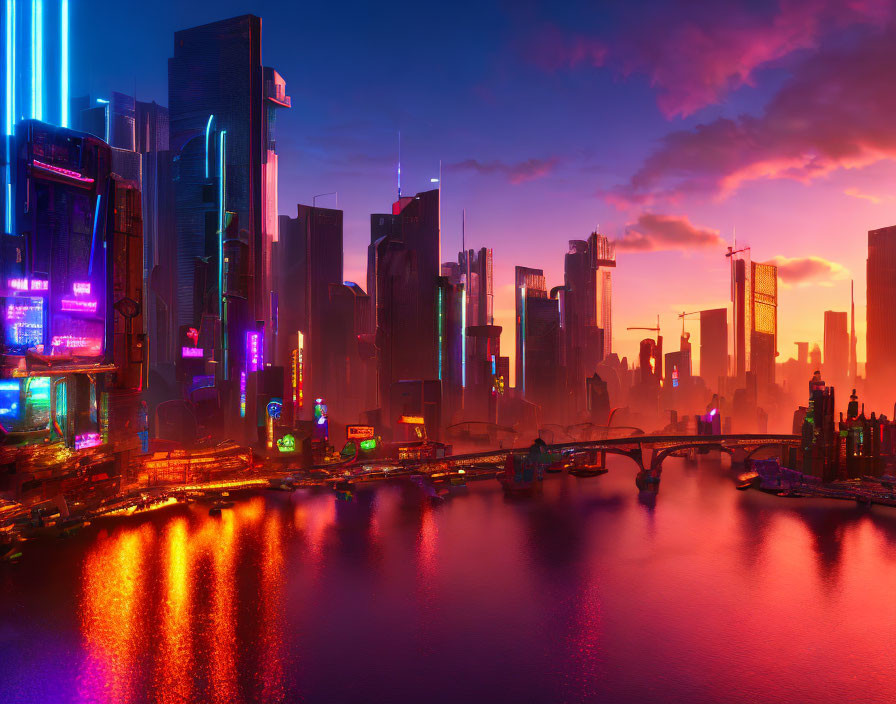 Neon-lit skyscrapers in futuristic cityscape at dusk