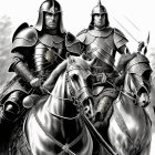 Three knights on horses in full plate armor in misty forest.