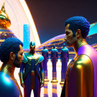 Futuristic individuals in iridescent suits with blue hair in neon-lit fantasy environment