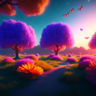 Colorful Fantasy Landscape: Glowing Trees, Butterflies, Sunset Sky