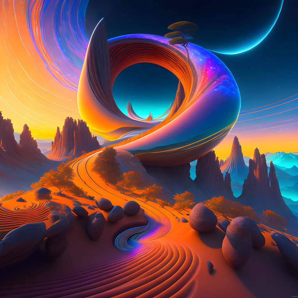 Surreal cosmic structure in vibrant desert landscape
