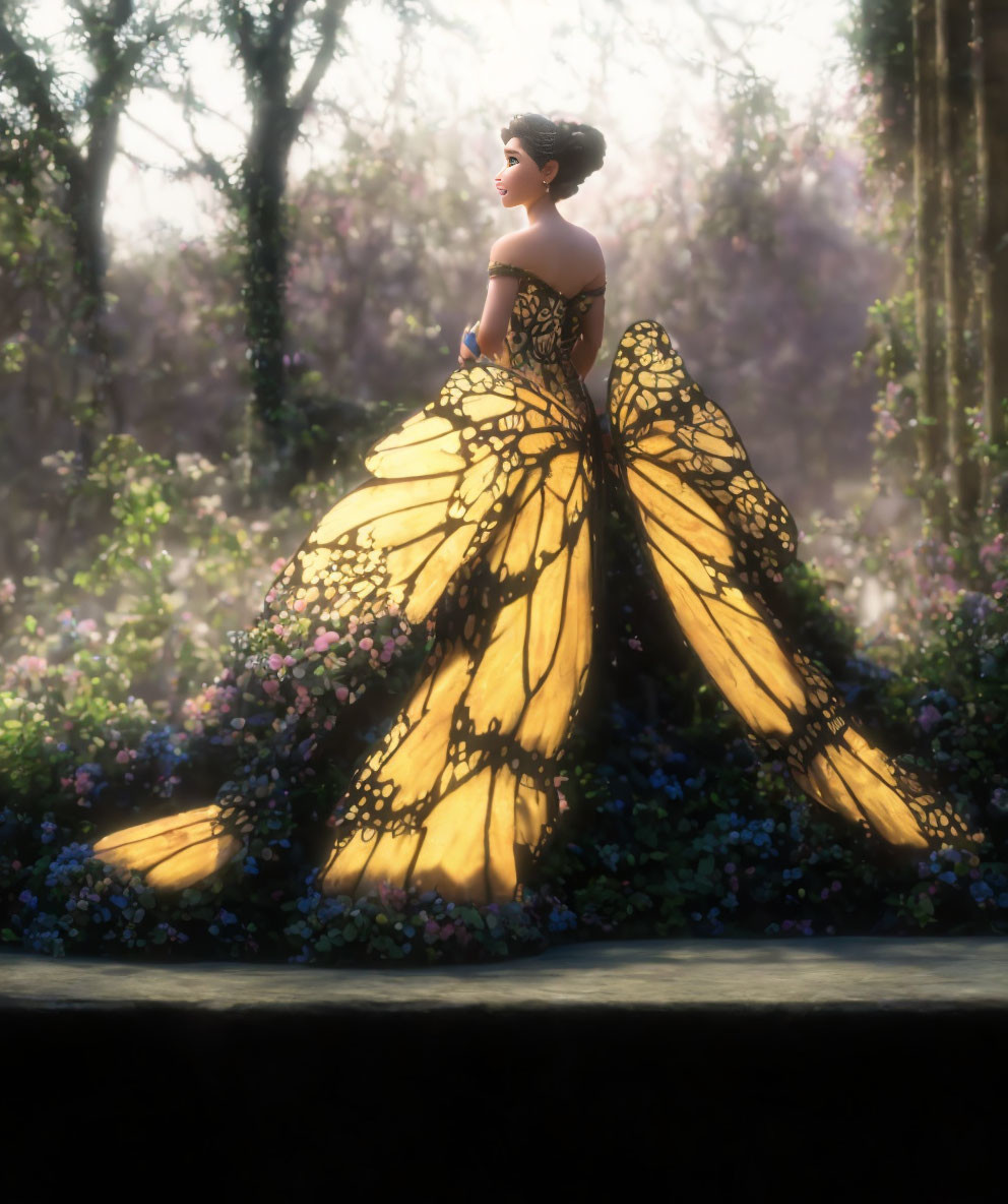 Woman in yellow butterfly-wing gown in blooming garden with sunlight filtering through trees