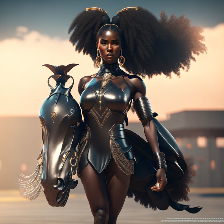 Futuristic armor woman with afro hair and metallic horse art