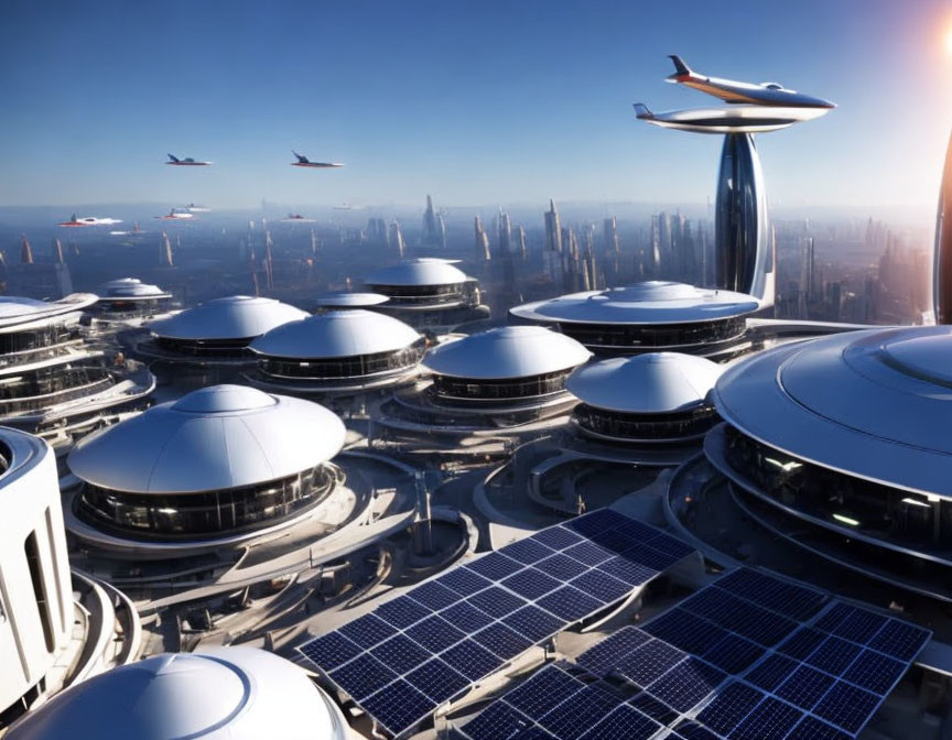 Futuristic cityscape with flying vehicles and solar panels