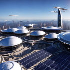 Futuristic cityscape with flying vehicles and solar panels