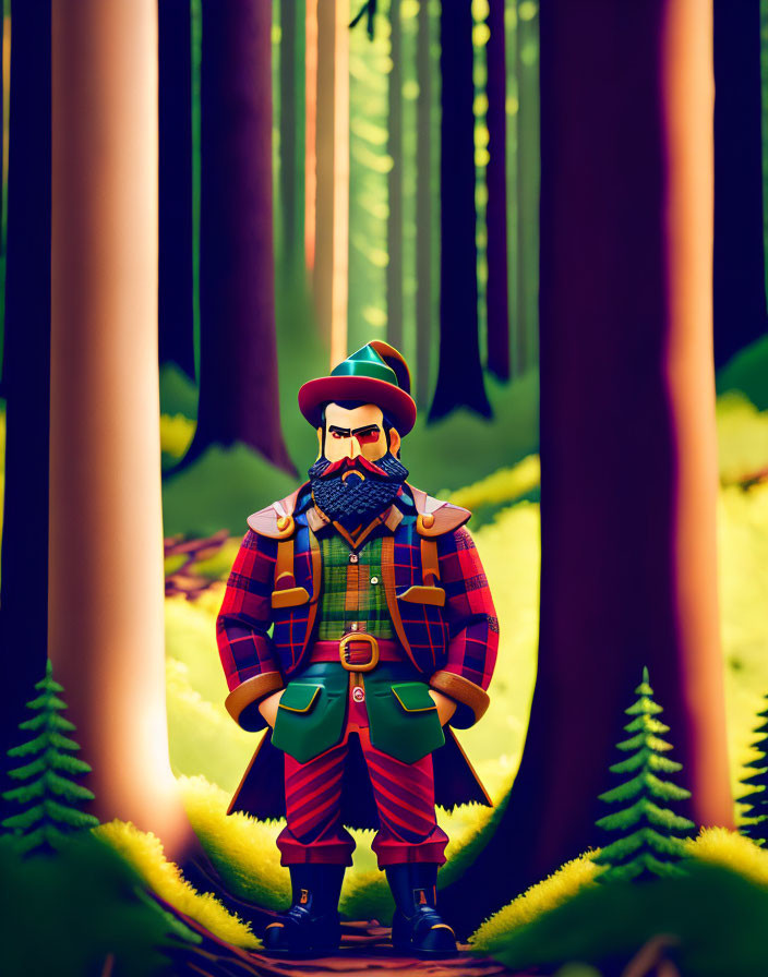 Colorful Plaid-Clad Bearded Man in Forest Setting
