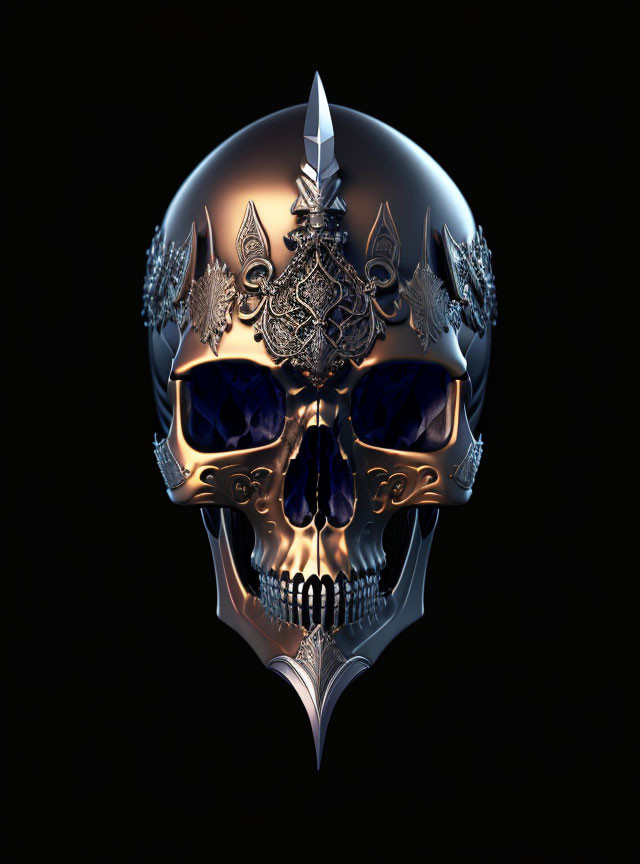 Metallic Skull with Engravings, Blue Gemstone Eyes, Dragons, and Sword Motifs