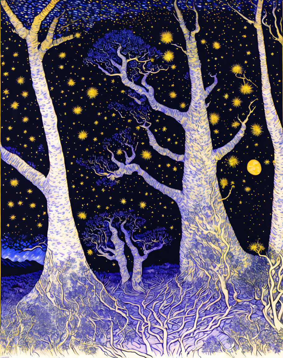 Starry Night Sky with Moon and Trees in Blue and Yellow Palette
