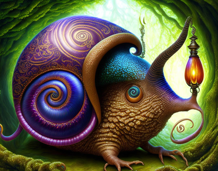 Fantasy snail digital artwork with colorful shell and lantern in enchanted setting
