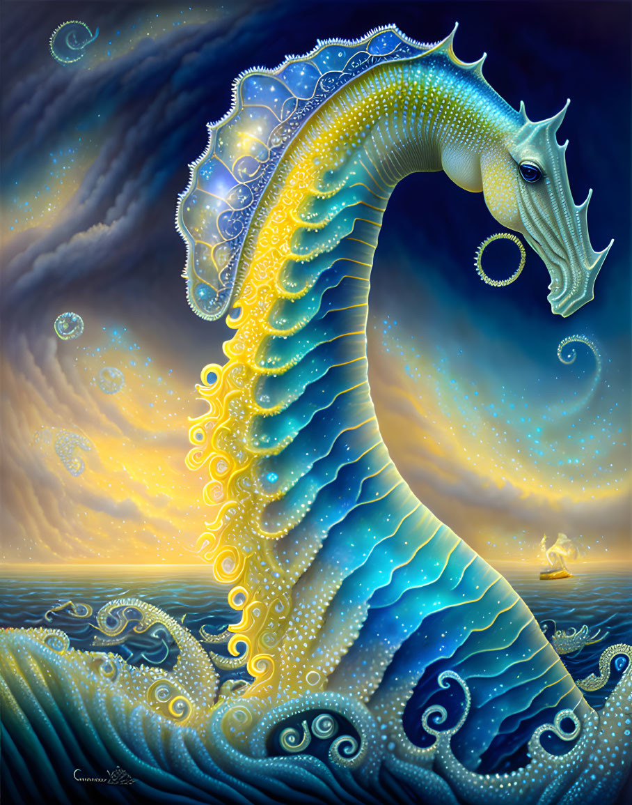 Colorful Seahorse Artwork with Intricate Patterns and Celestial Background