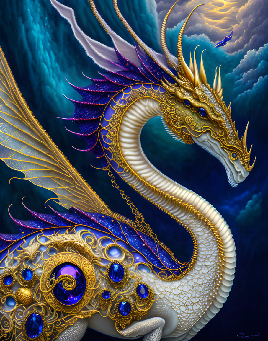 Detailed Illustration: Majestic Dragon with Golden Horns, Blue and Purple Wings, Gemstones,
