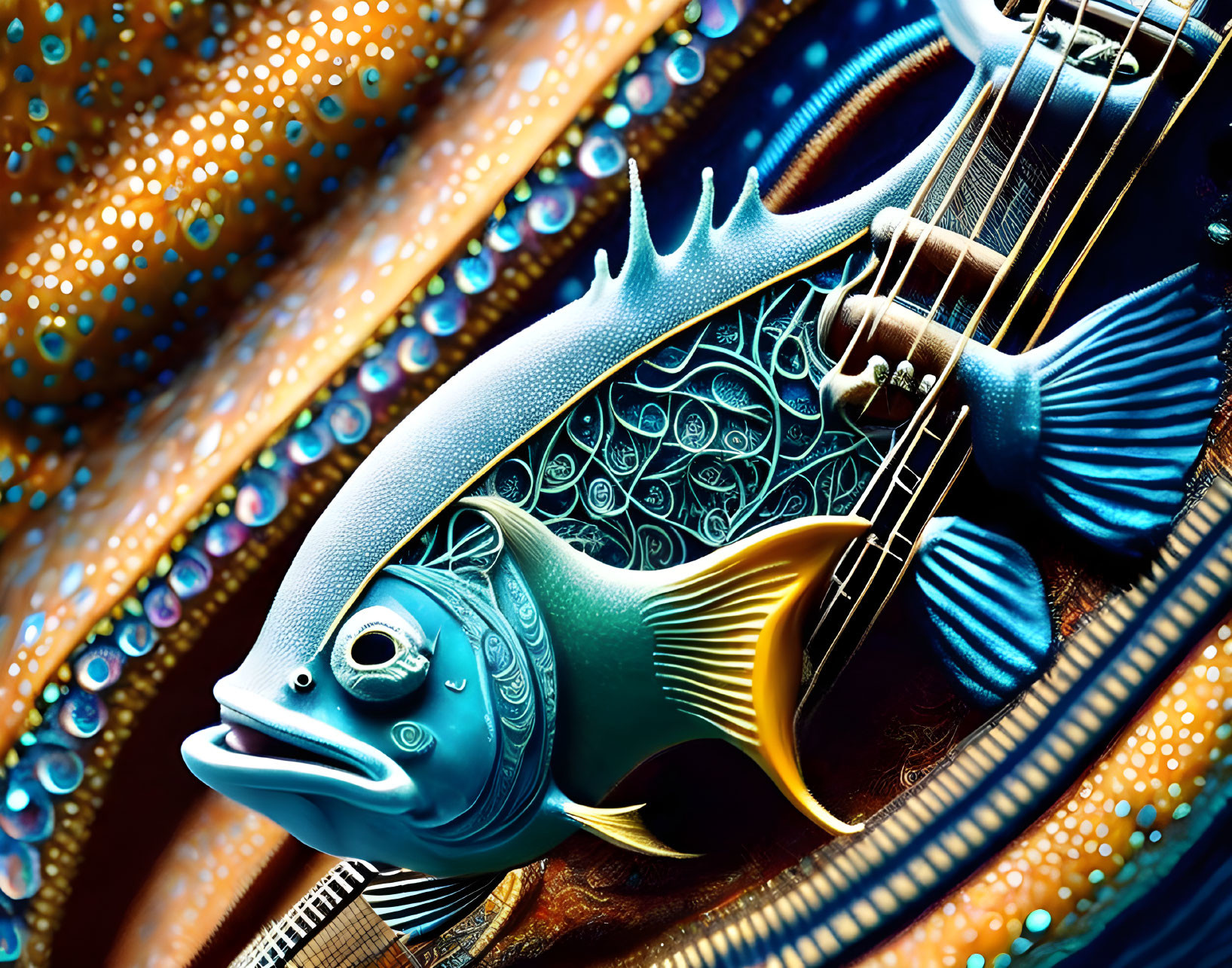 Colorful Fish and Guitar Artwork on Textured Background