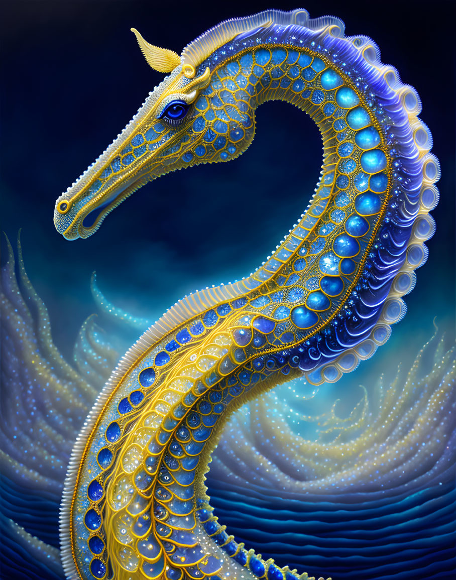 Fantastical seahorse digital art: gold and blue patterns on dark oceanic backdrop
