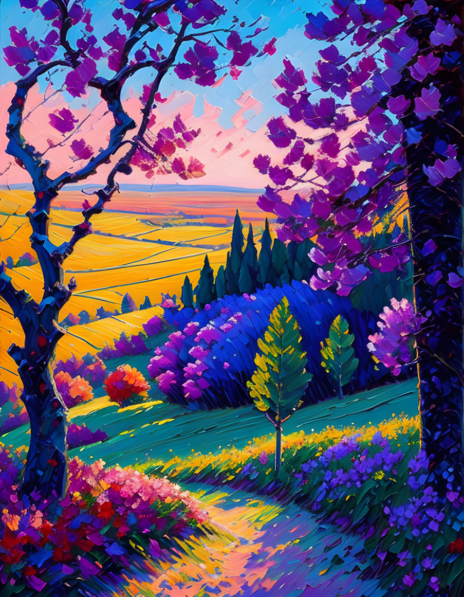 Scenic sunset painting with flower-filled meadow and colorful trees