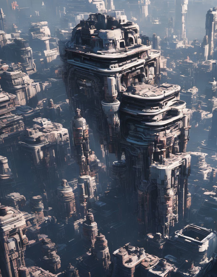 Futuristic cityscape with high-rise structures in atmospheric haze