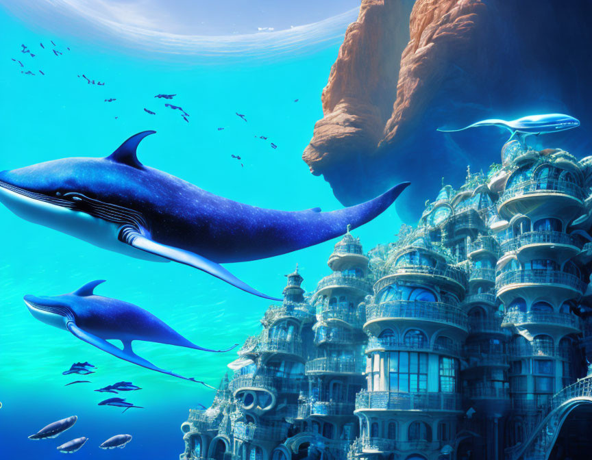 Futuristic underwater city with blue whales in oceanic glow