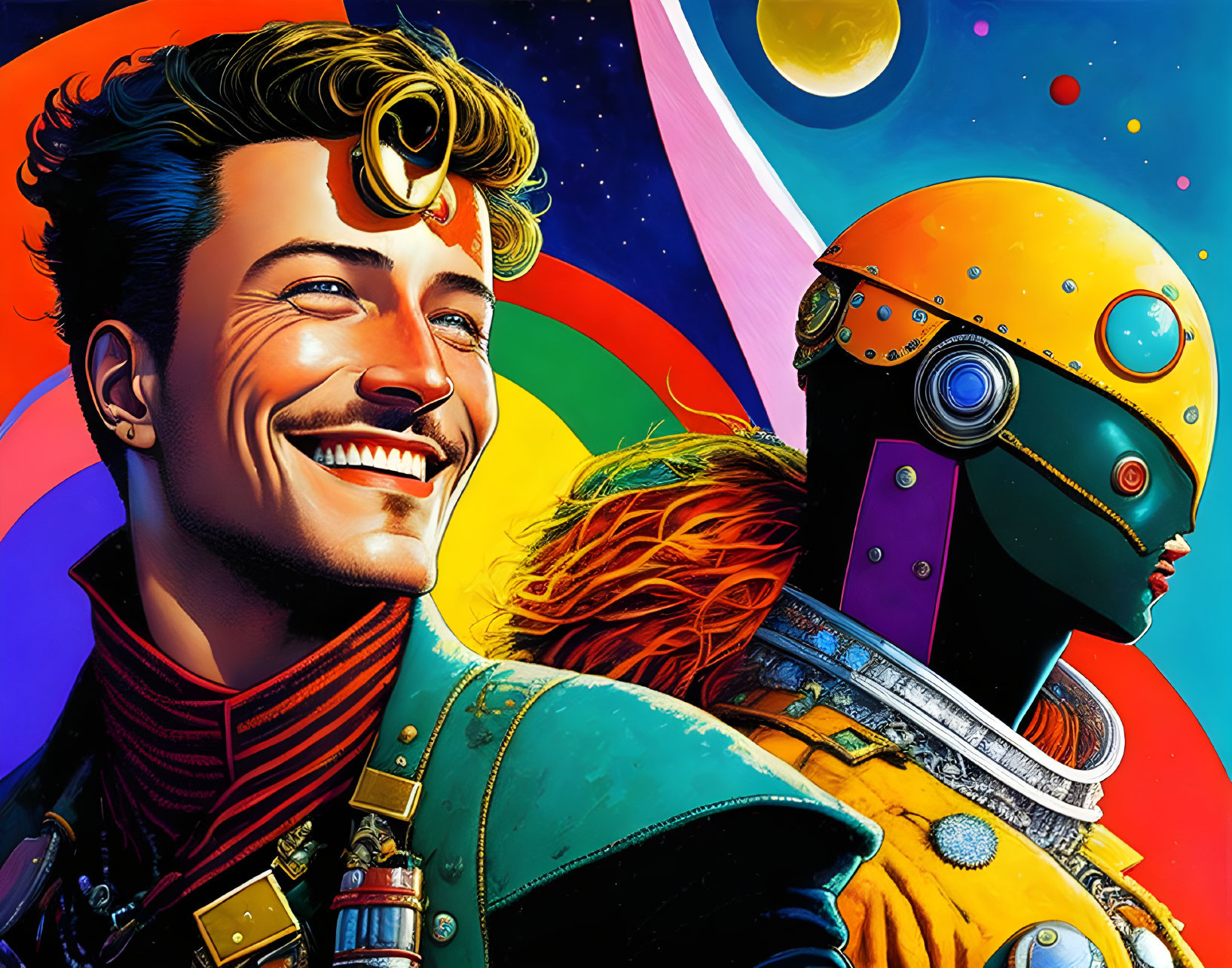 Smiling man with cybernetic eye implant and humanoid robot in space-themed setting