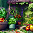 Colorful vegetable garden illustration with green door and various plants.