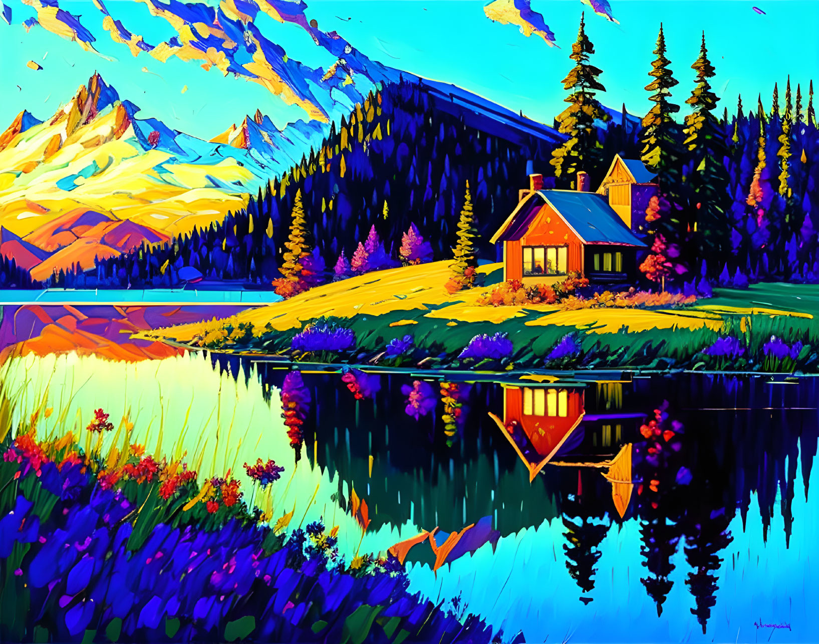 Scenic lakeside cabin painting with colorful trees and mountains