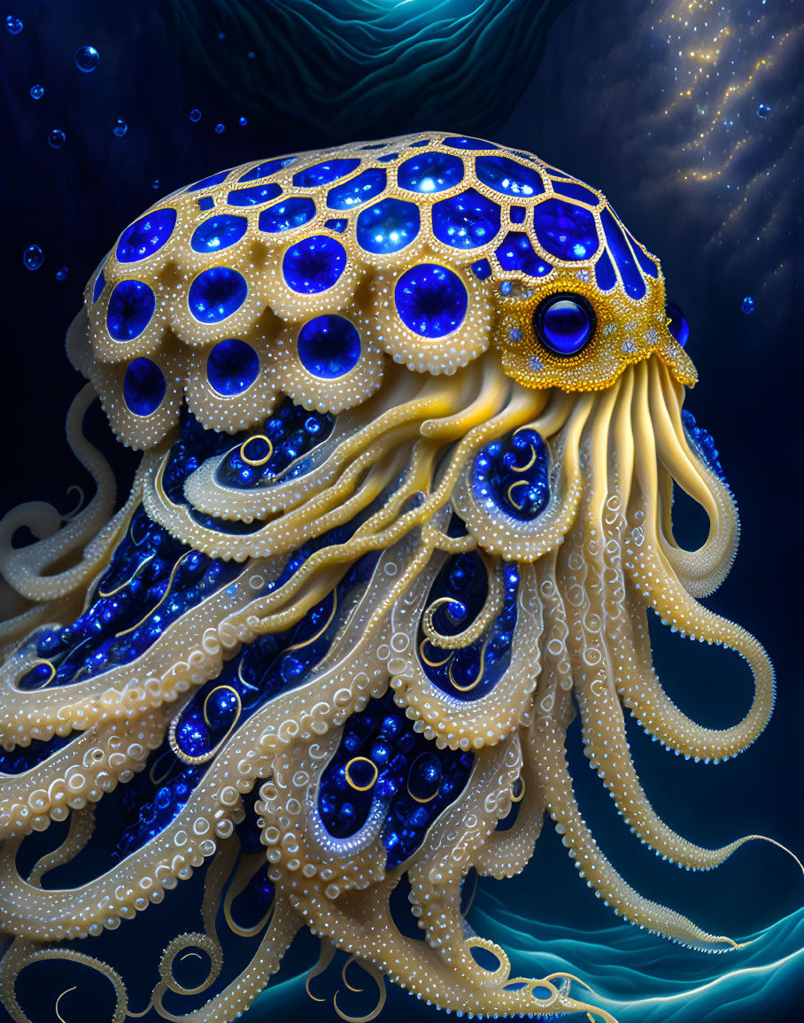 Ornate jewel-encrusted octopus in blue and gold on dark aquatic backdrop