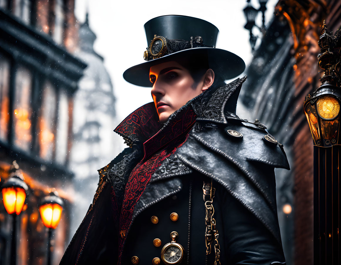 A steampunk, gothic rainy Victorian street in Lond