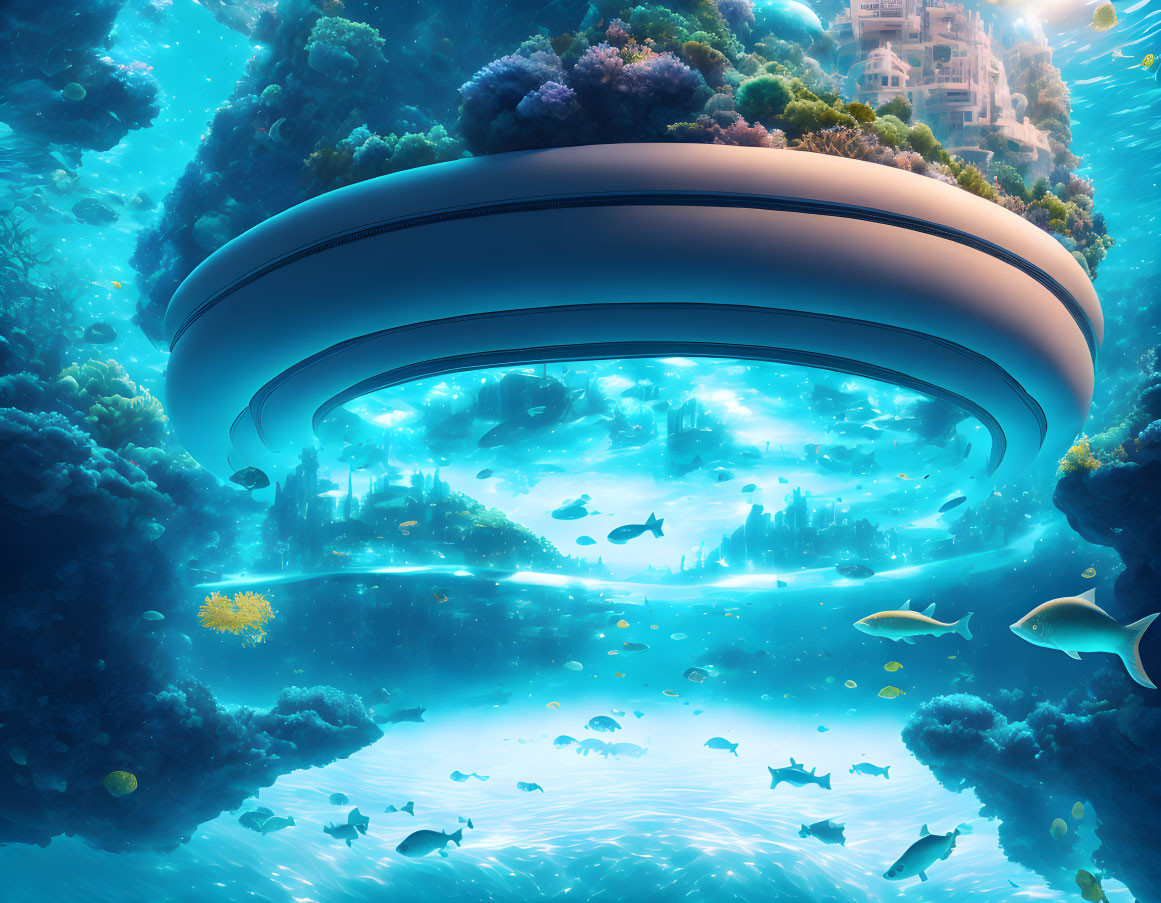 Futuristic underwater city with coral reefs and marine life in blue-green light