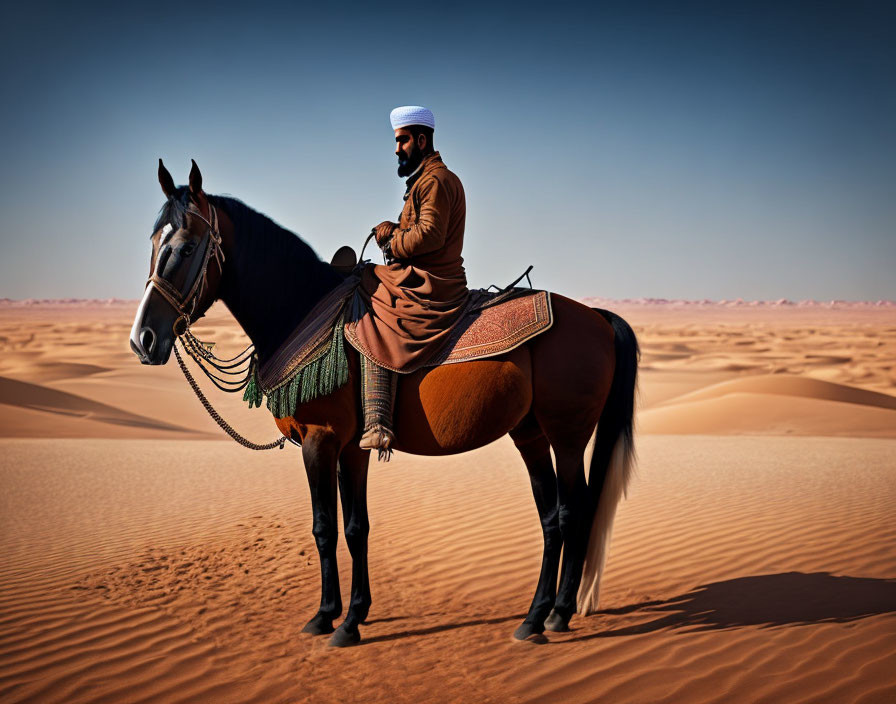 Person in traditional attire riding dark horse in sandy desert landscape