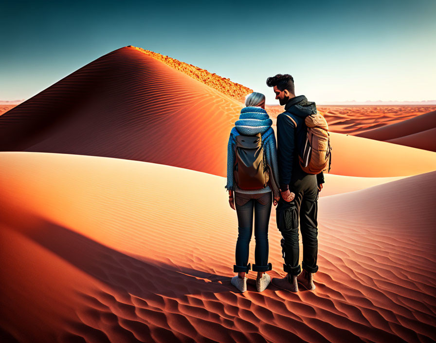 Couple admires sand dune in desert at sunset