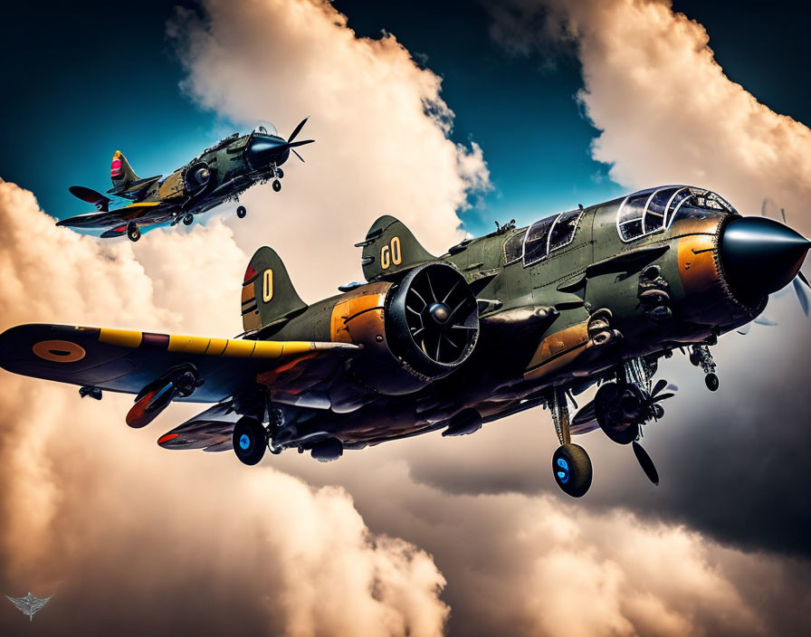 Vintage Military Airplanes Flying in Dramatic Cloudy Sky