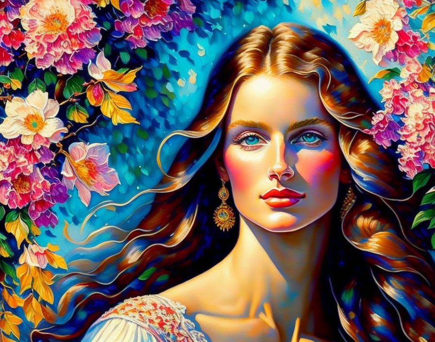 Colorful digital painting: Woman with wavy hair in vibrant floral setting