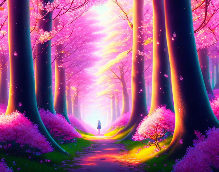 Person walking among tall trees and pink blossoms with sunlight filtering through.
