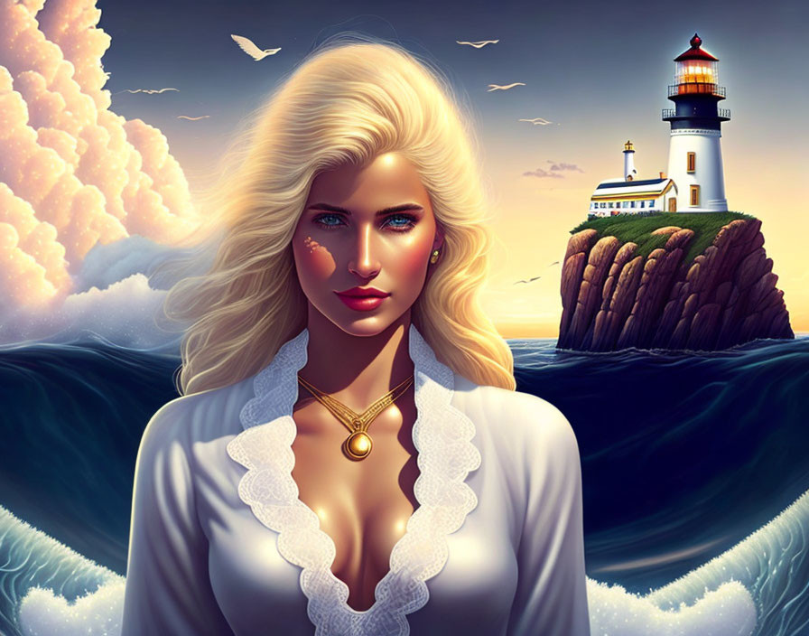 Blonde woman in surreal scene with lighthouse, waves, and birds