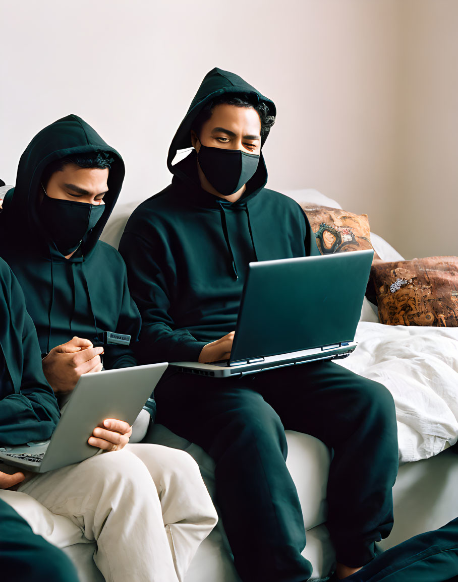 Two people in hoodies and masks working on laptops together.