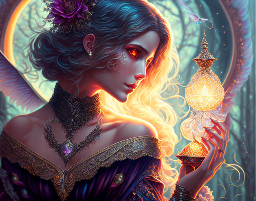Mystical woman with lantern in enchanted forest portrait
