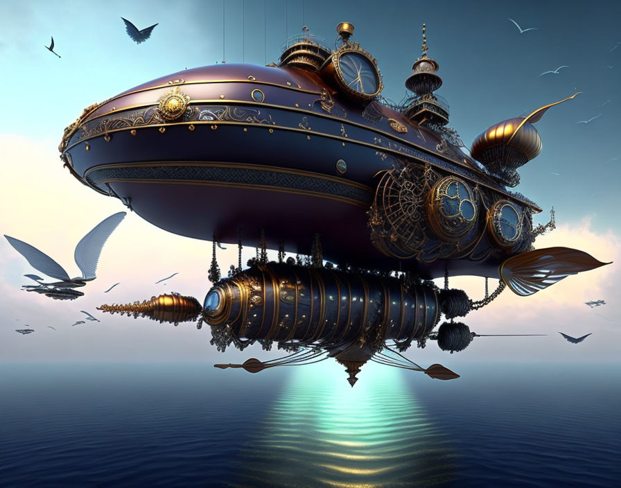 Steampunk-style airship with gears and golden details over tranquil waters at dusk