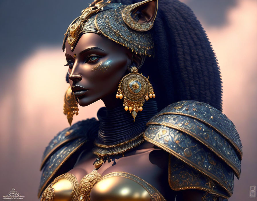 Detailed 3D illustration of woman in gold and blue armor with regal feline headpiece