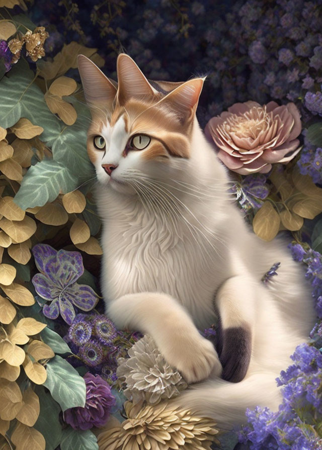 Serene cat amidst lush flowers and foliage