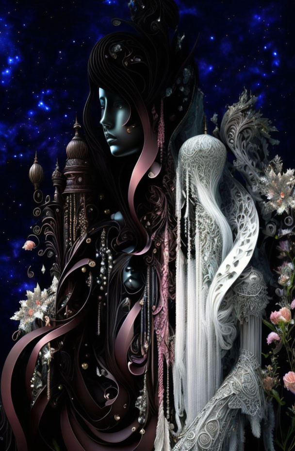 Digital artwork of woman with ornate, dark hair among flowers and architecture under starry sky
