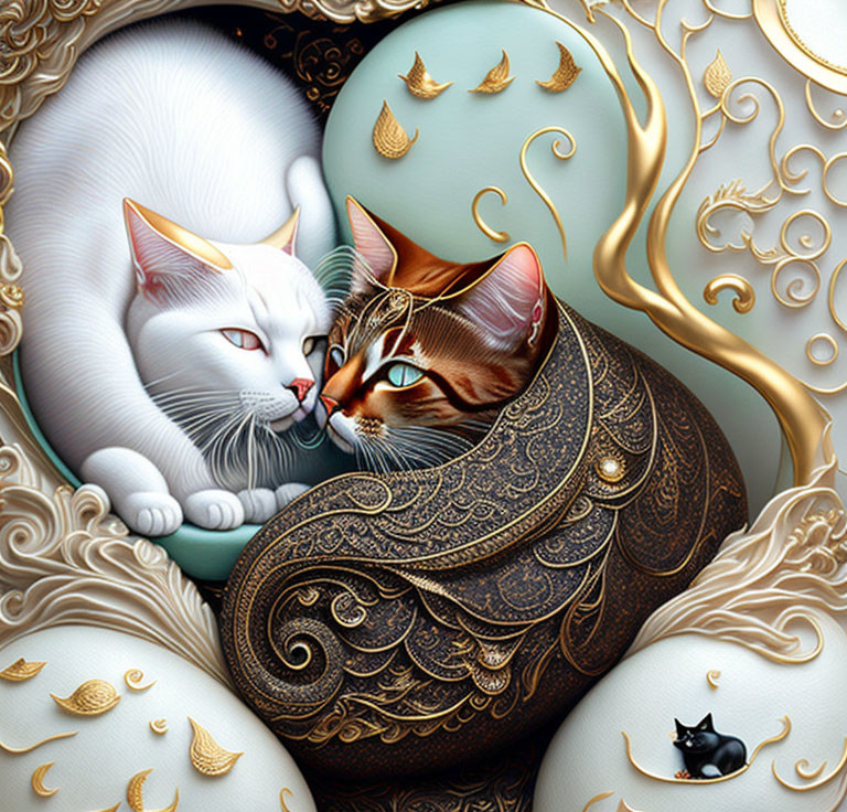 Intricately detailed stylized cats cuddling with golden embellishments and autumn leaves