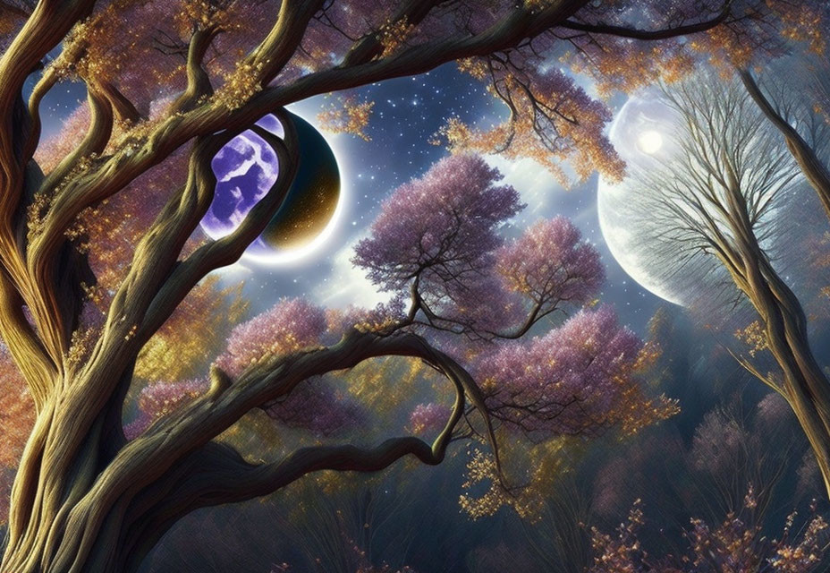 Fantasy landscape with purple trees, moon, stars, and second planet at night