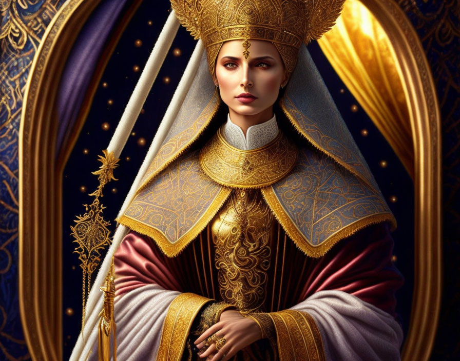 Regal woman in ornate religious vestments with mitre and scepter